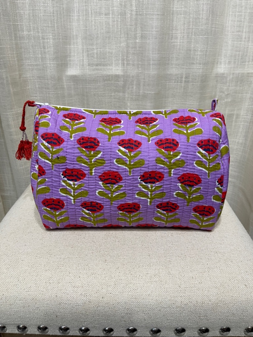 Brand New Quilted Floral Cosmetic Pouch - Lavender and Red